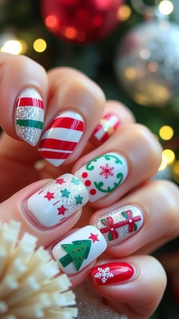 Close-up of Christmas nail art with festive designs including snowflakes and Christmas trees.